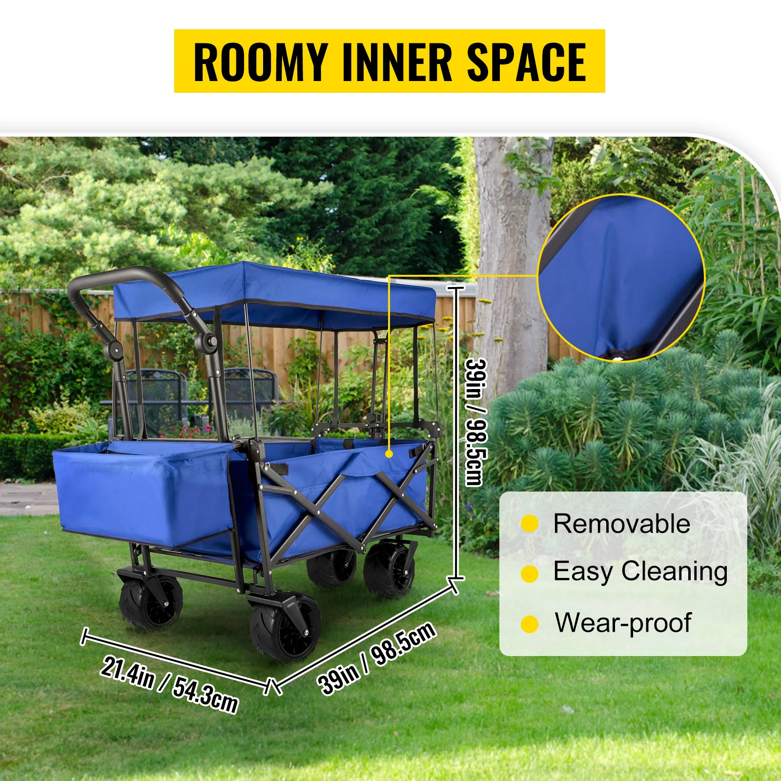 VEVOR collapsible garden cart with canopy in a green backyard, showing dimensions.