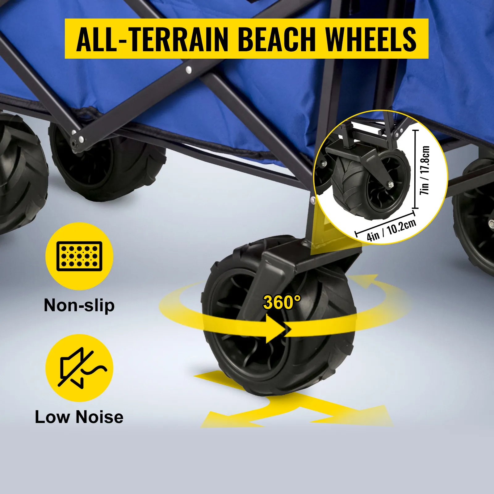 VEVOR collapsible garden cart with all-terrain wheels, 360° rotation, non-slip, low noise.