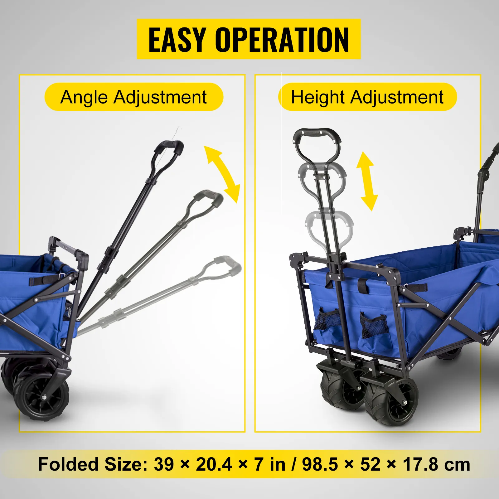 VEVOR collapsible garden cart with adjustable angle and height for easy operation.