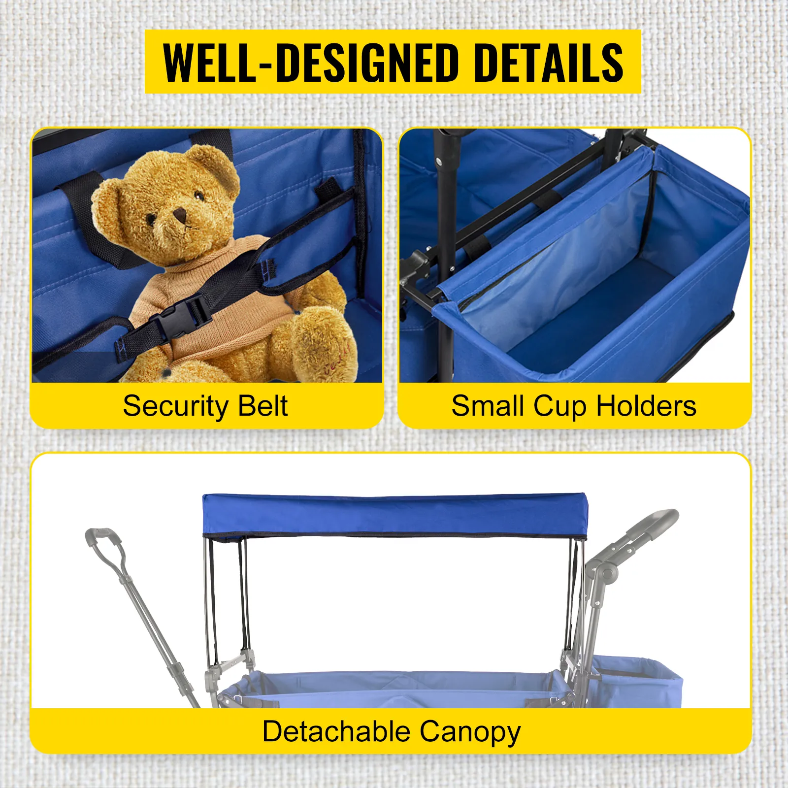 VEVOR collapsible garden cart with security belt, small cup holders, and detachable canopy.