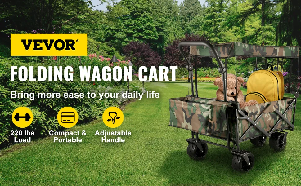 VEVOR collapsible wagon with camo design in garden setting, holding a teddy bear and bags.