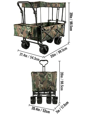 VEVOR collapsible wagon with camouflage print, dimensions specified in inches and centimeters.