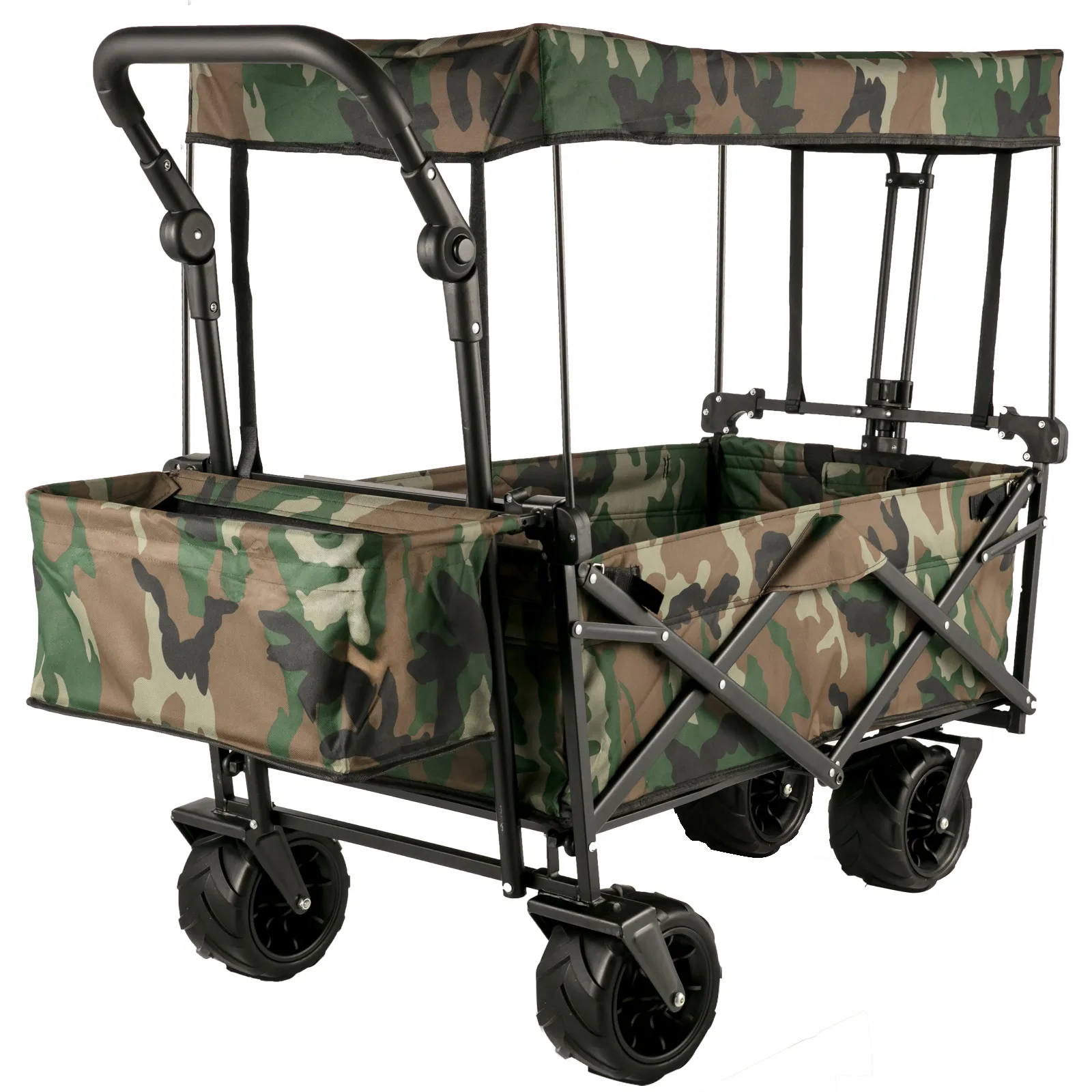 camouflage VEVOR collapsible wagon with canopy and sturdy black frame.