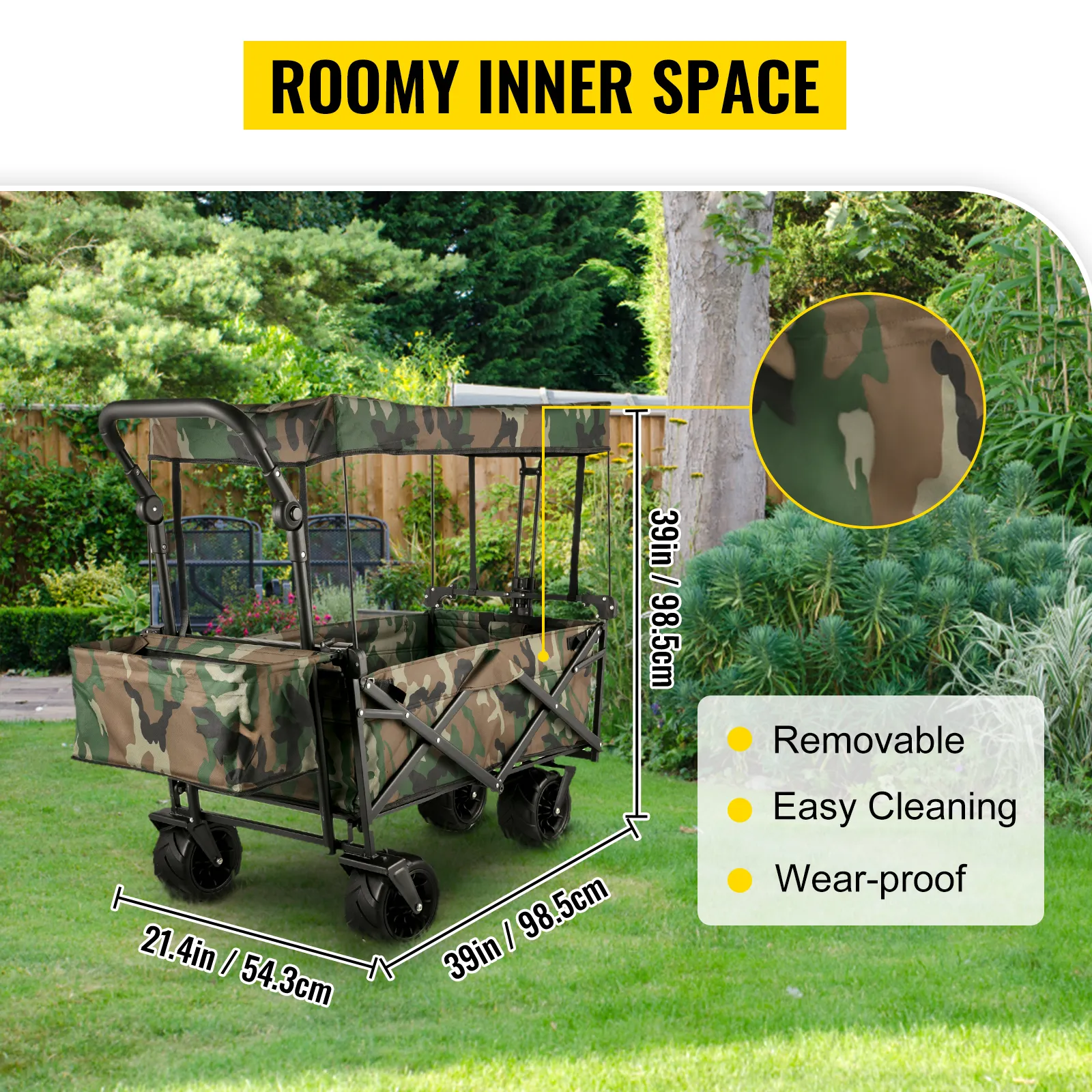 VEVOR collapsible wagon with camo design, showing dimensions and features.