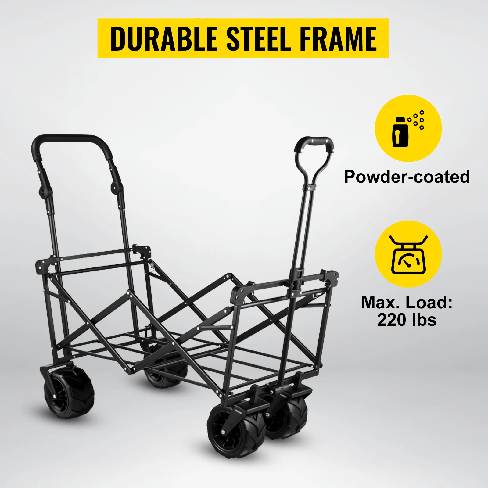 VEVOR collapsible wagon with durable steel frame, 220 lbs max load, and powder-coated finish.