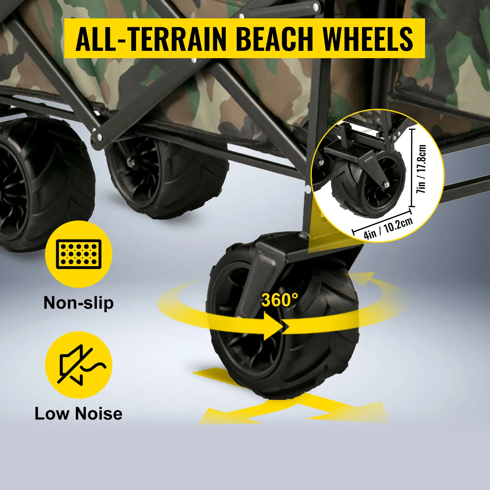 VEVOR collapsible wagon with all-terrain beach wheels, non-slip, and low noise.