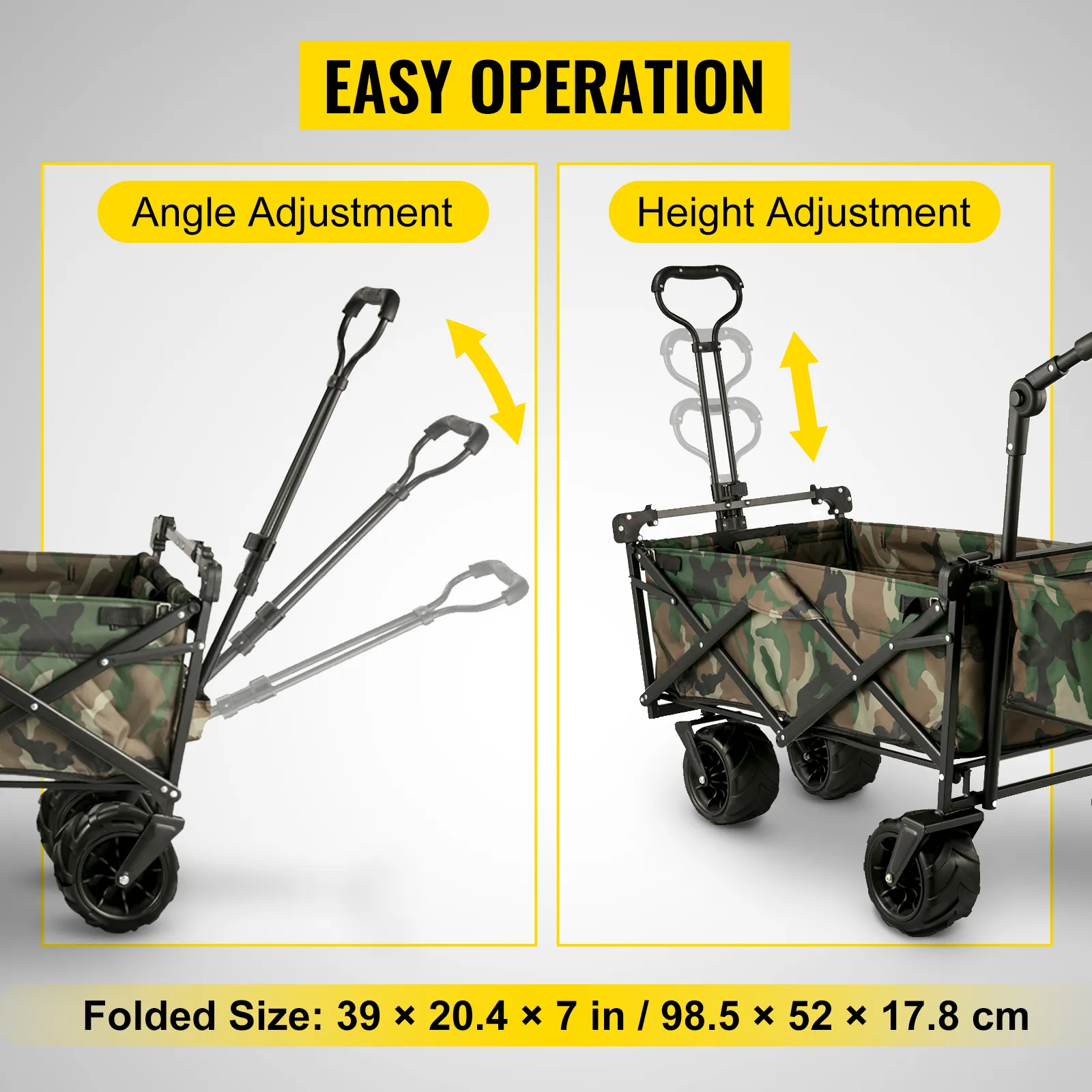 VEVOR collapsible wagon with adjustable handle showcasing angle and height settings.