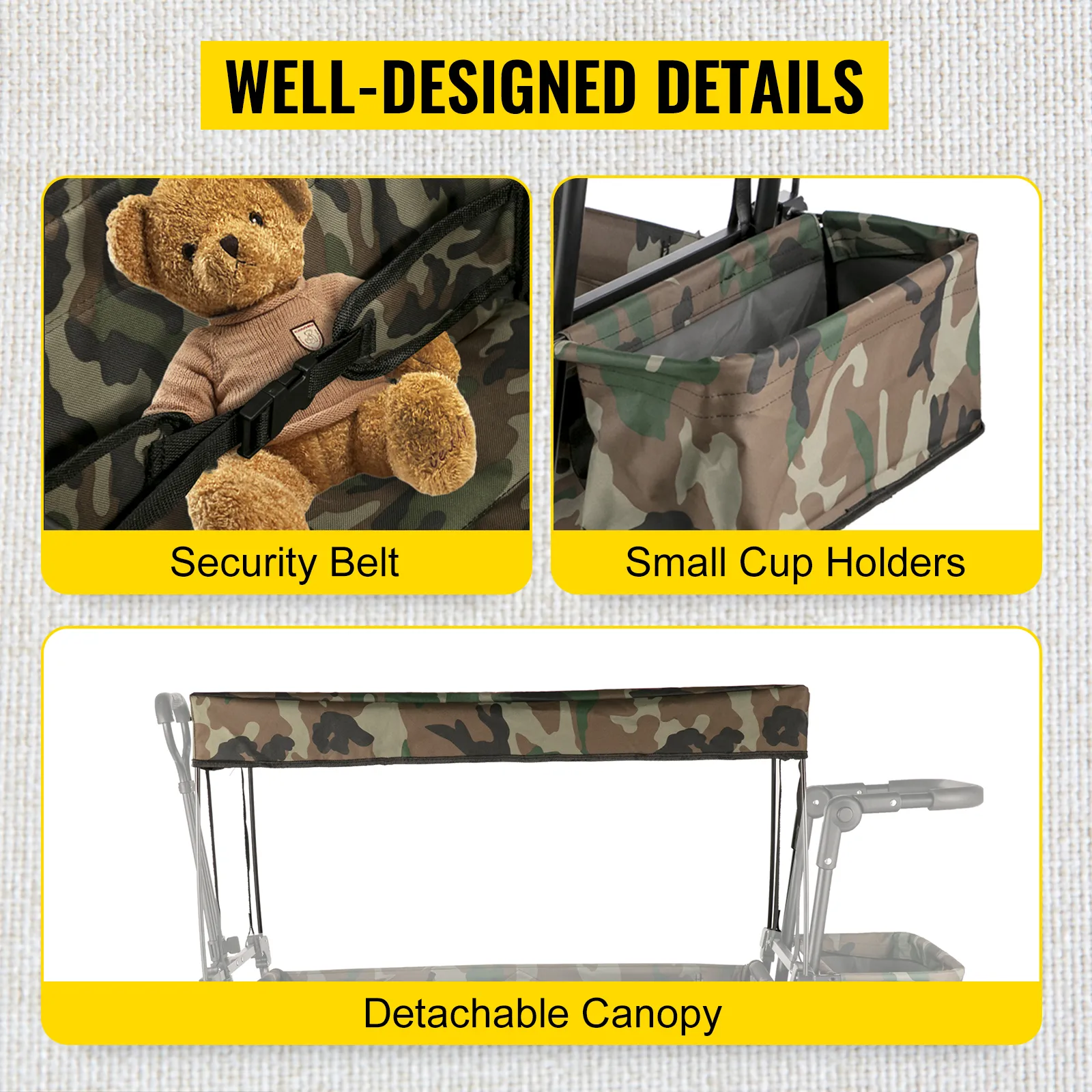 VEVOR collapsible wagon with security belt, small cup holders, and detachable canopy.
