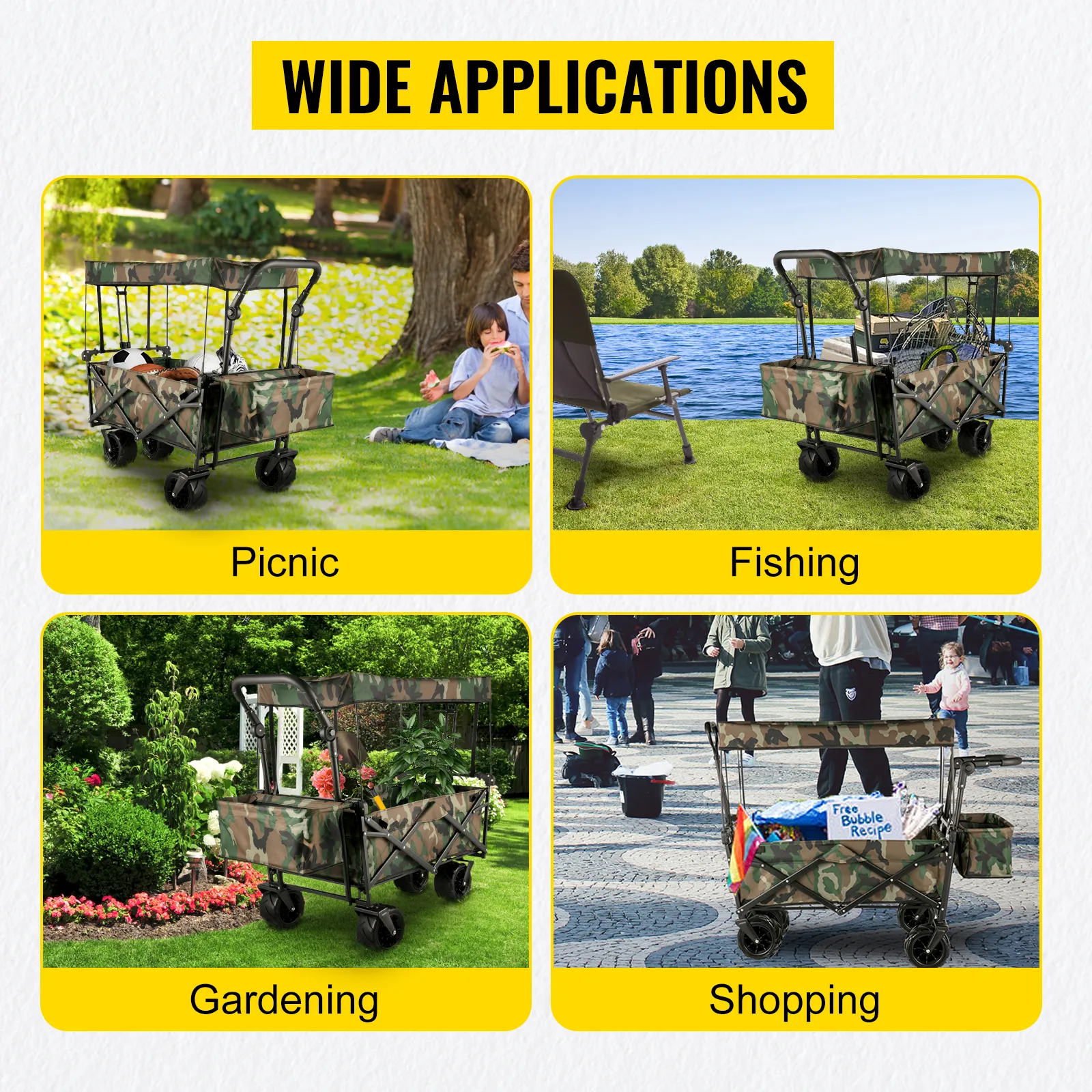 VEVOR collapsible wagon at picnic, fishing, gardening, and shopping locations.