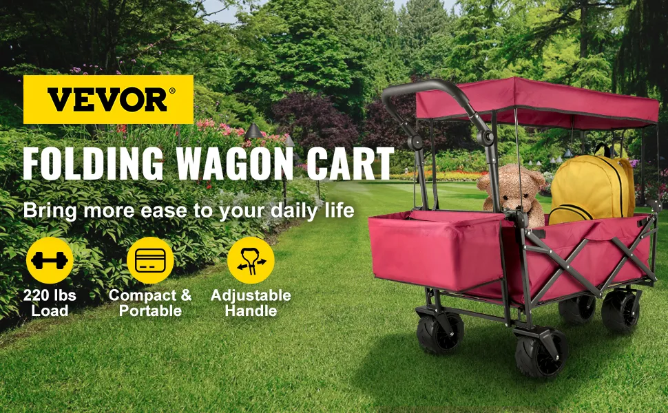 VEVOR garden cart with adjustable handle, featuring 220 lbs load capacity in a park.