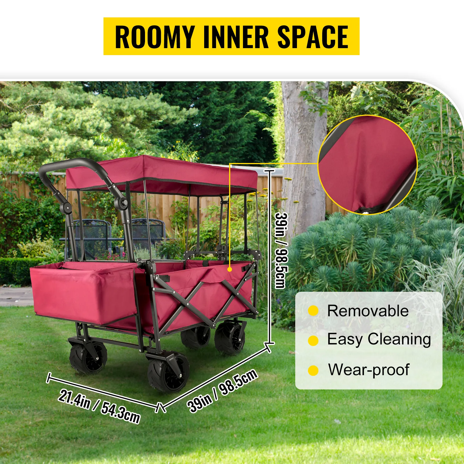 VEVOR garden cart with roomy inner space, removable cover, and easy-clean fabric.