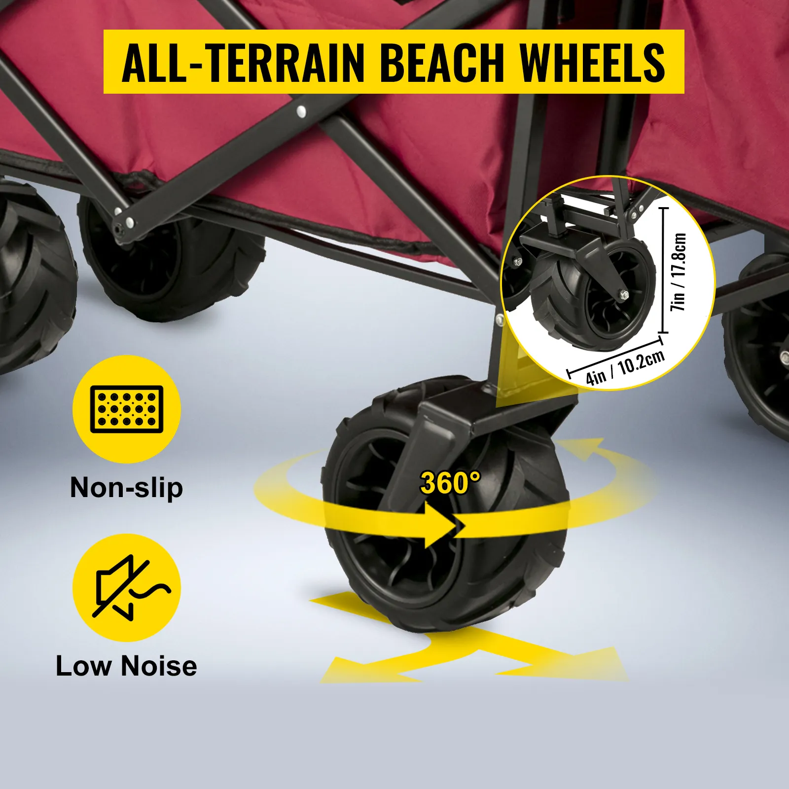 VEVOR garden cart with all-terrain beach wheels, non-slip, low noise, 360° rotation.