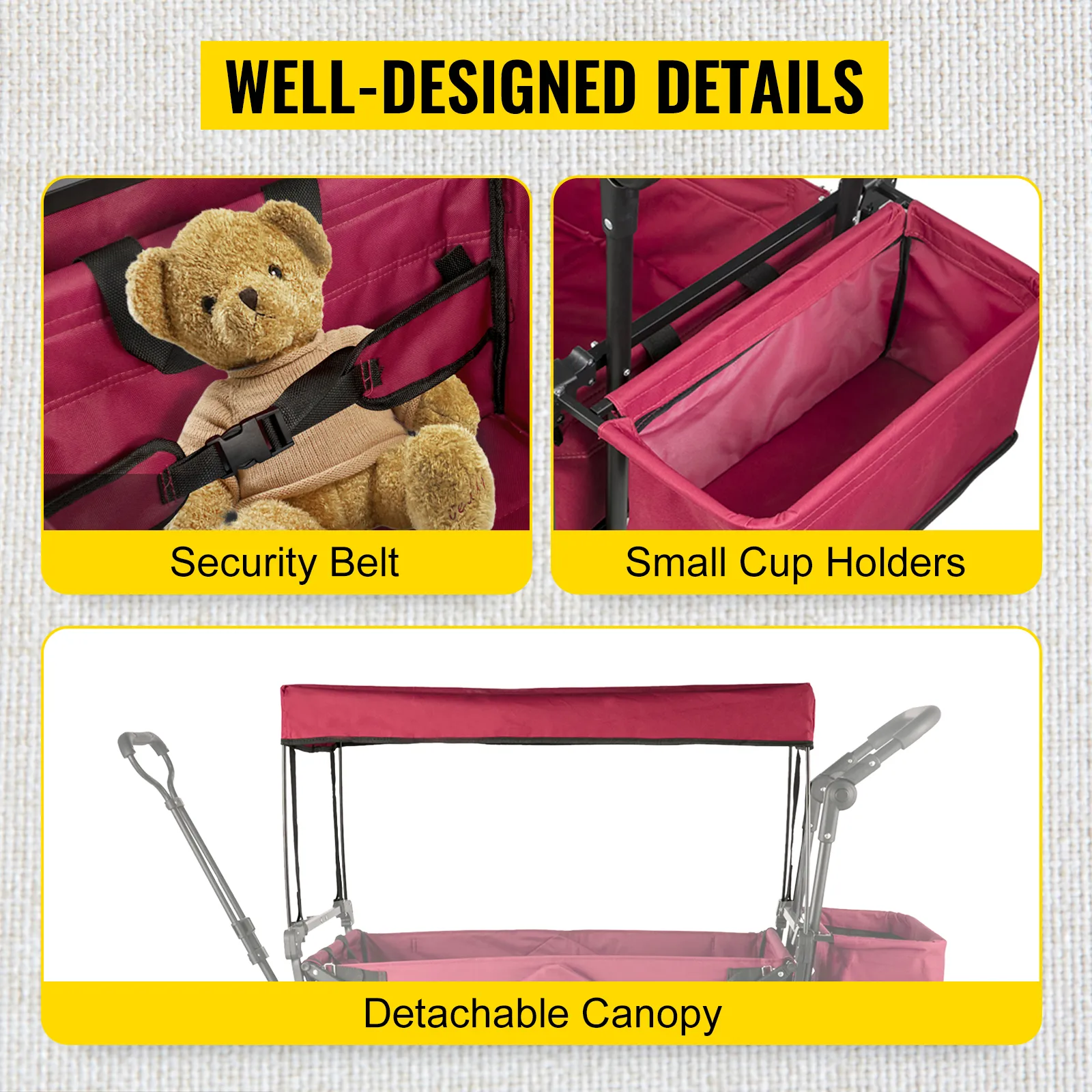 VEVOR garden cart with security belt, small cup holders, and detachable canopy.