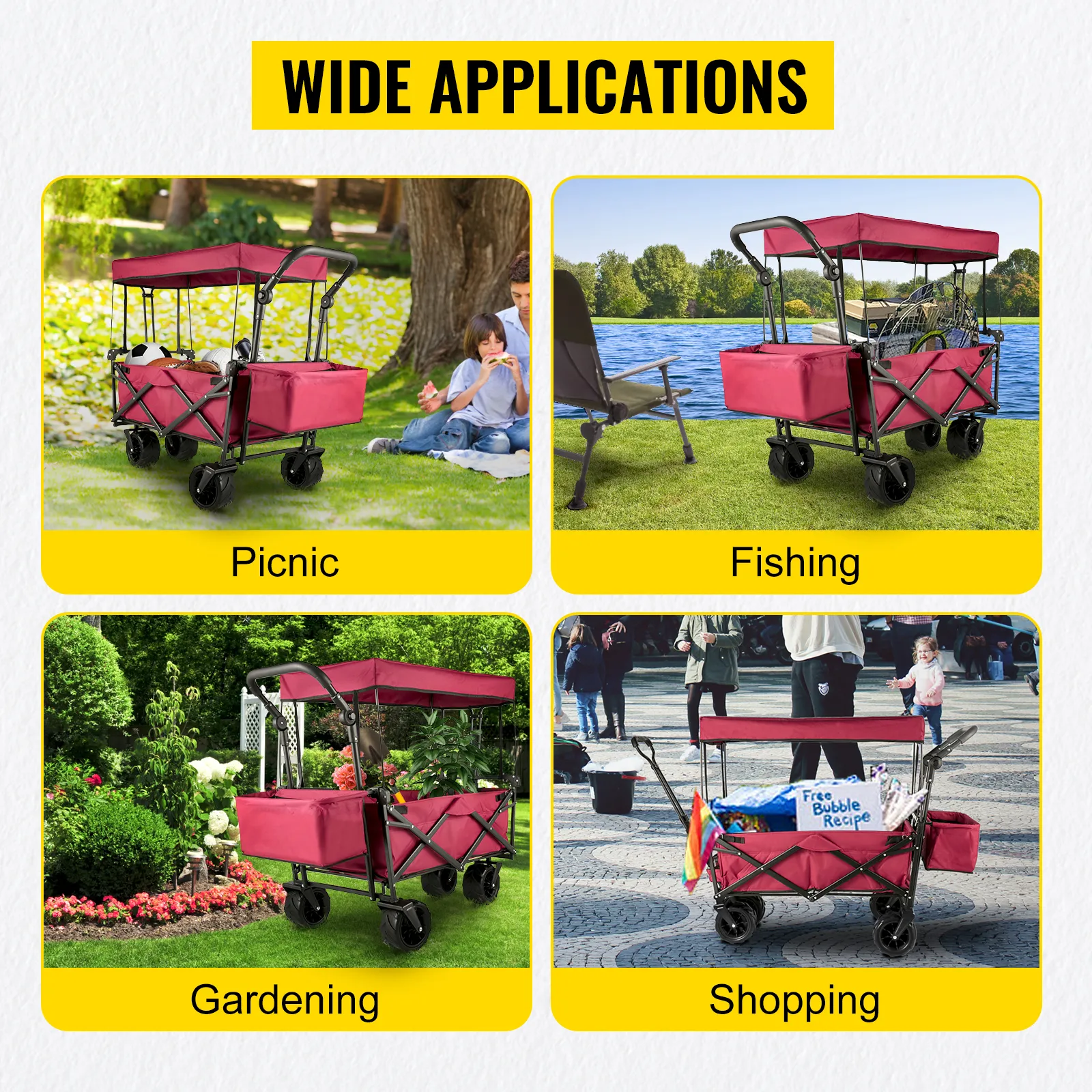VEVOR garden cart for picnic, fishing, gardening, and shopping with a red canopy.