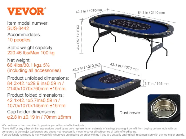 Der Pokertisch von VEVOR bietet Platz für 10 Personen, ist zusammenklappbar, 30 kg, mit Getränkehaltern und Tragetasche.