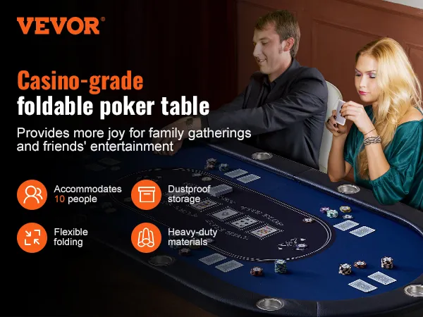 VEVOR-Pokertisch, Casino-Qualität, zusammenklappbar, bietet Platz für 10 Personen, perfekt für Familientreffen und Freunde.