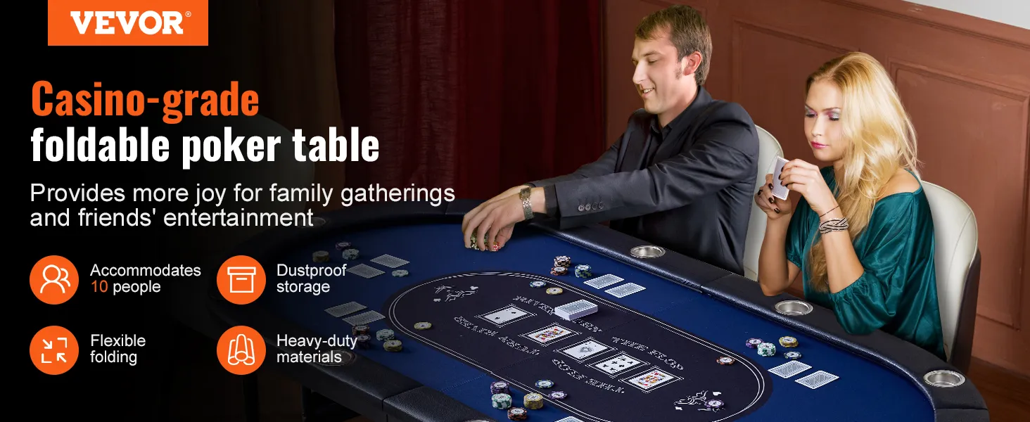 VEVOR-Pokertisch, Casino-Qualität, zusammenklappbar, bietet Platz für 10 Personen, perfekt für Familientreffen und Freunde.