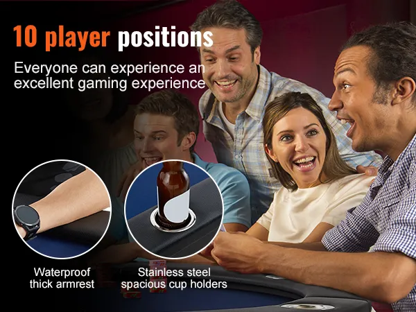 VEVOR-Pokertisch mit 10 Spielerpositionen, dicker, wasserdichter Armlehne und Getränkehaltern aus Edelstahl.