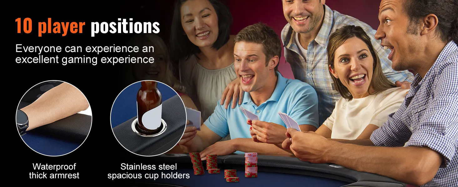 VEVOR-Pokertisch mit 10 Spielerpositionen, dicker, wasserdichter Armlehne und Getränkehaltern aus Edelstahl.