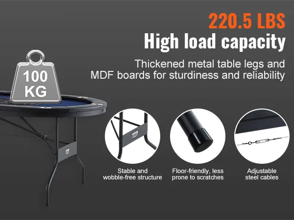 VEVOR-Pokertisch mit 100 kg Tragkraft, stabilen Beinen, bodenschonenden Füßen und verstellbaren Kabeln.