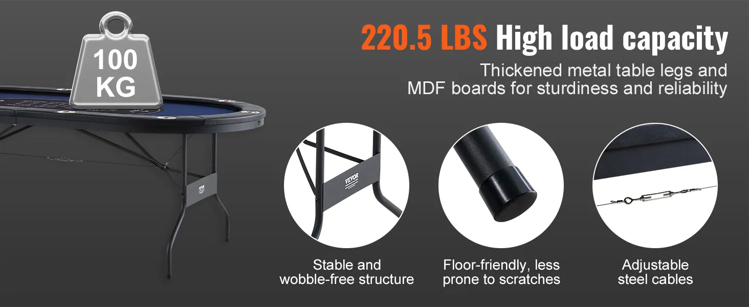 VEVOR-Pokertisch mit 100 kg Tragkraft, stabilen Beinen, bodenschonenden Füßen und verstellbaren Kabeln.
