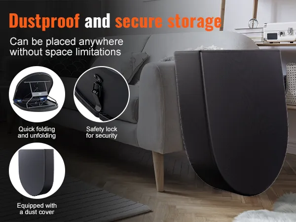 Staubdichter und sicherer VEVOR-Pokertisch, der neben einem modernen Sofa aufbewahrt wird und sich durch schnelles Zusammenklappen und Sicherheitsverriegelung auszeichnet.