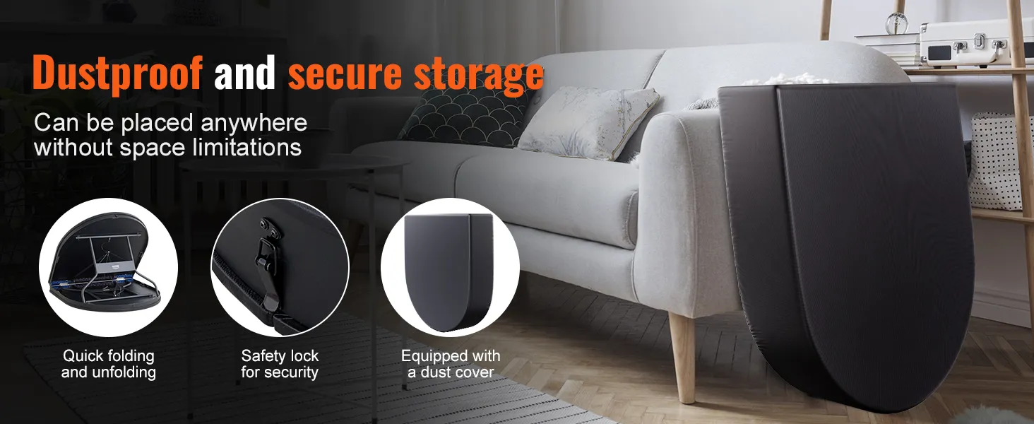 Staubdichter und sicherer VEVOR-Pokertisch, der neben einem modernen Sofa aufbewahrt wird und sich durch schnelles Zusammenklappen und Sicherheitsverriegelung auszeichnet.