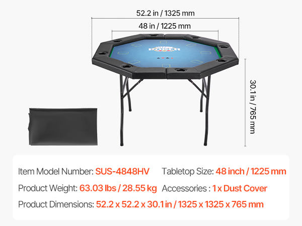 VEVOR Foldable Poker Table with Legs – 48in 8-Player Octagon
