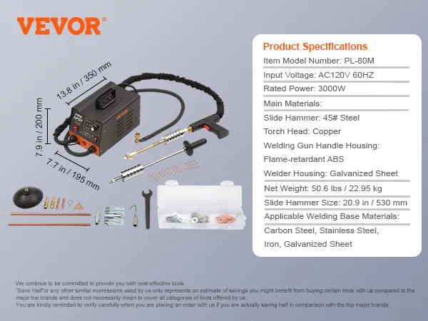 VEVOR stud welder dent repair kit with accessories, specifications listed for model pl-80m.