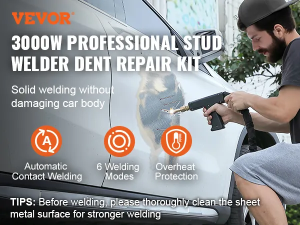 VEVOR stud welder dent repair kit being used on a car, showcasing automatic contact welding and 6 modes.