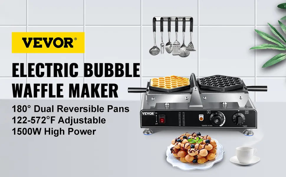 Máquina para hacer waffles con burbujas VEVOR con dos sartenes reversibles, temperatura ajustable y 1500 W de potencia.