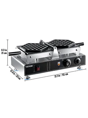 Máquina para hacer waffles con burbujas VEVOR con planchas dobles y detalles de medición.