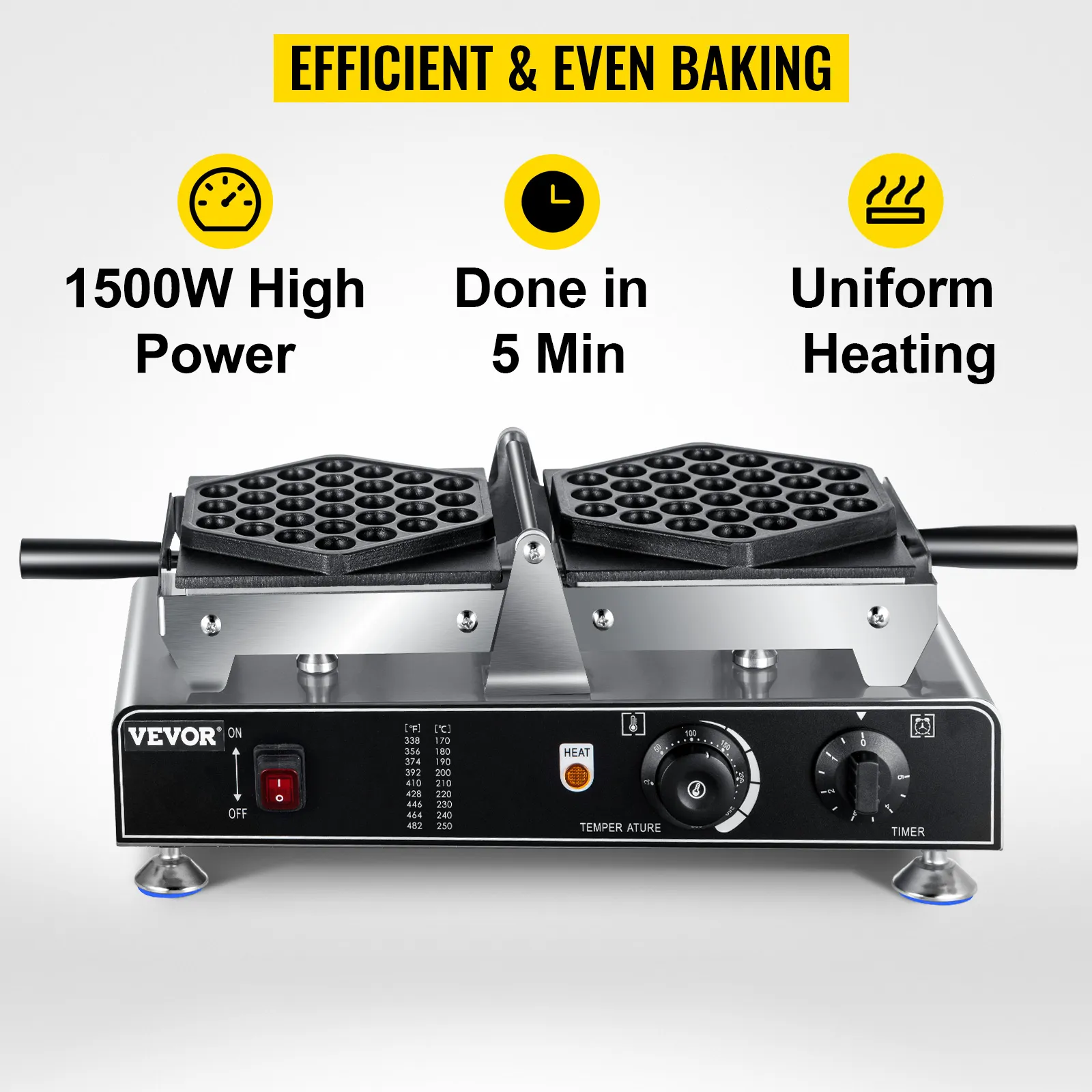 Máquina para hacer waffles de burbujas VEVOR con 1500w de potencia, lista en 5 minutos, calentamiento uniforme.