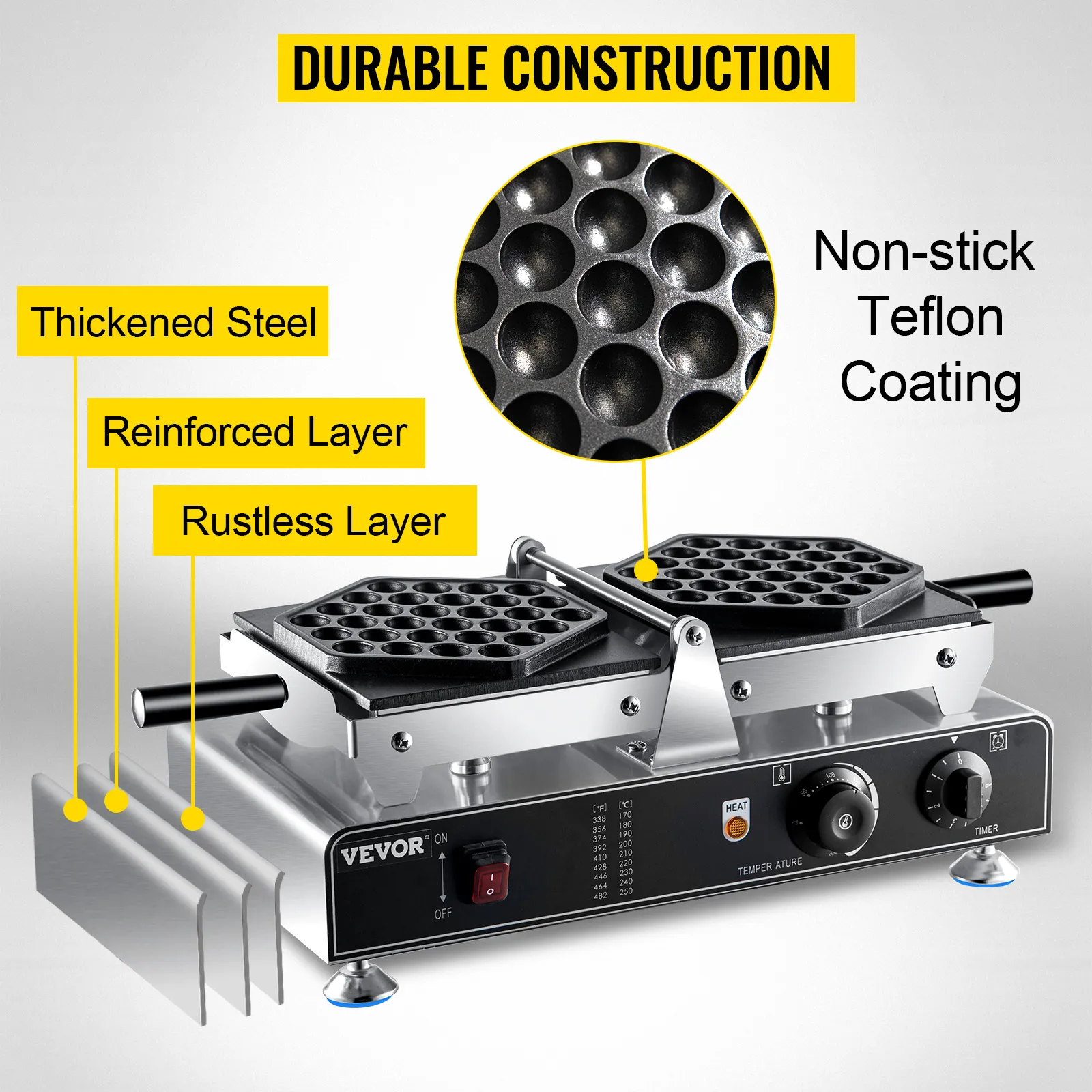 Máquina para hacer waffles con burbujas VEVOR con revestimiento de teflón antiadherente y construcción de acero duradero.