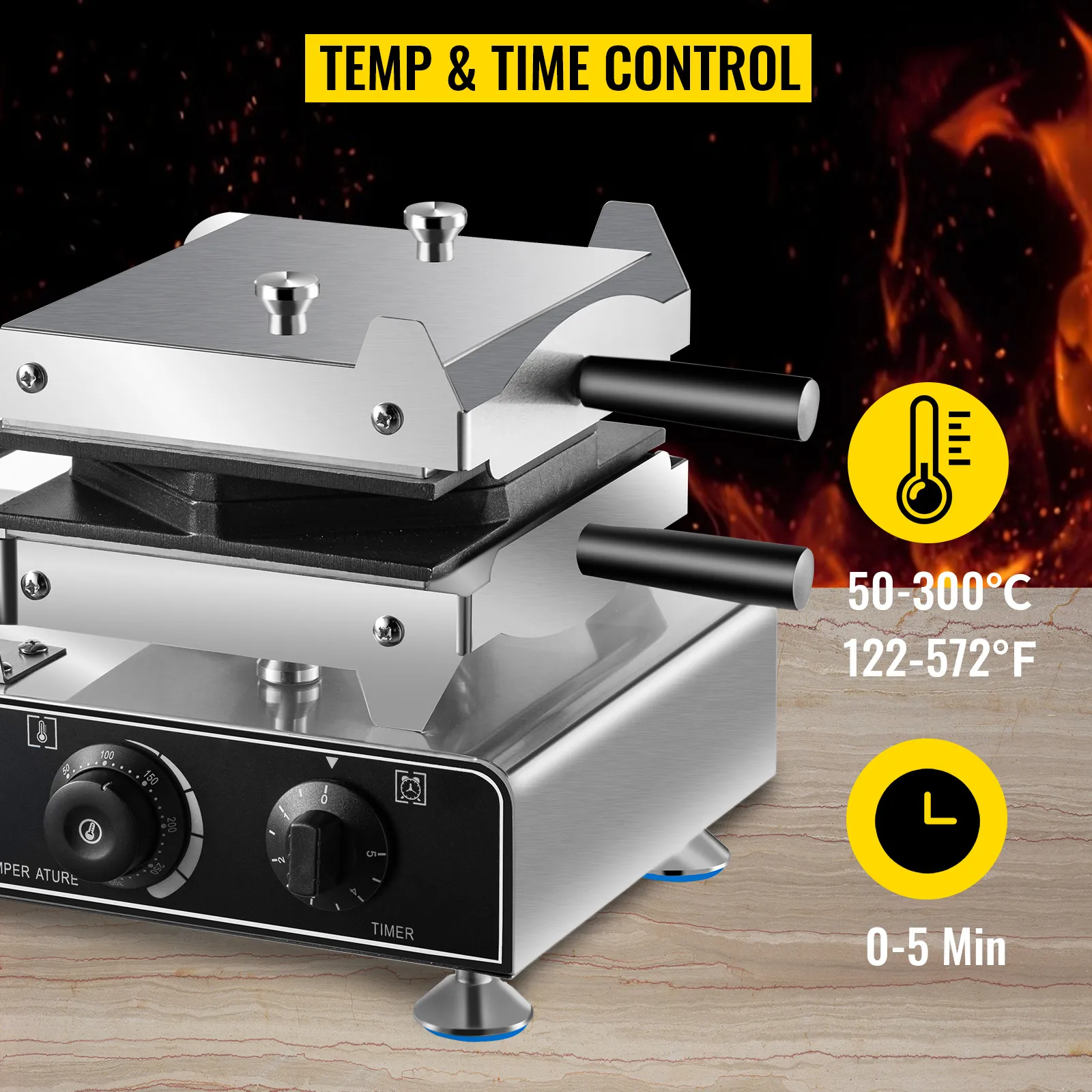 Máquina para hacer waffles con burbujas VEVOR con diales de temperatura y tiempo ajustables, rango de 122 a 572 °F.