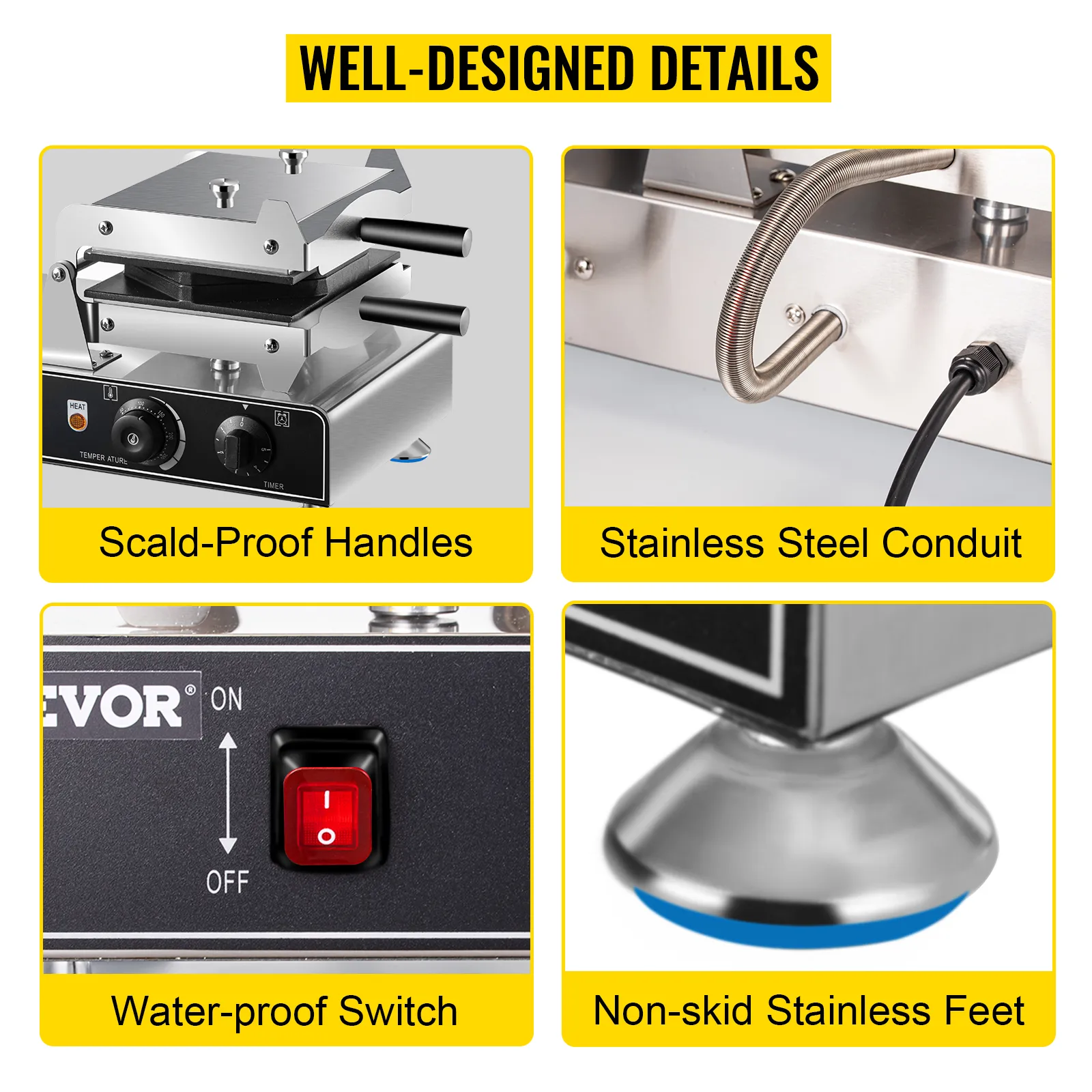 Máquina para hacer waffles con burbujas VEVOR con asas a prueba de quemaduras e interruptor a prueba de agua.