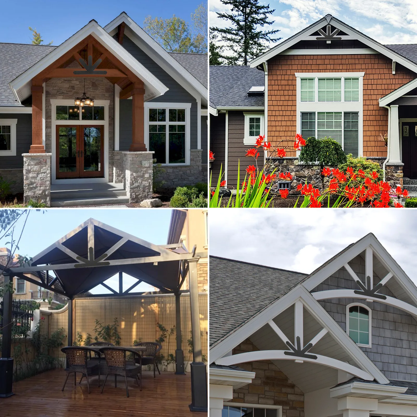 Moderne Hausfassaden mit VEVOR-Giebelplattendesigns über jedem Eingang.