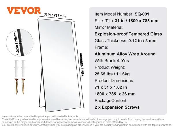 VEVOR full length mirror, explosion-proof tempered glass, aluminum alloy wrap, 71x31 inch, with bracket.
