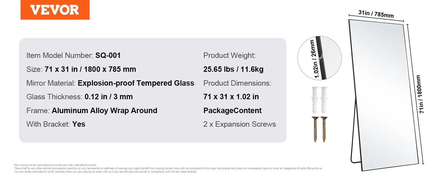 VEVOR full length mirror, explosion-proof tempered glass, aluminum alloy wrap, 71x31 inch, with bracket.