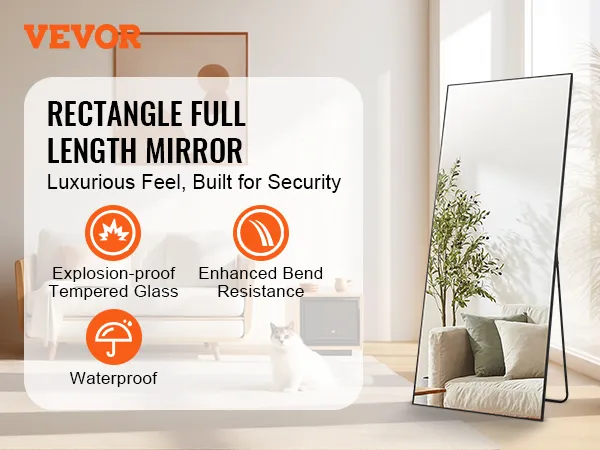 VEVOR full length mirror with explosion-proof tempered glass, enhanced bend resistance, and waterproof.