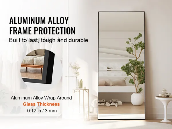 VEVOR full length mirror with aluminum alloy frame in modern light-filled room, highlighting durability.
