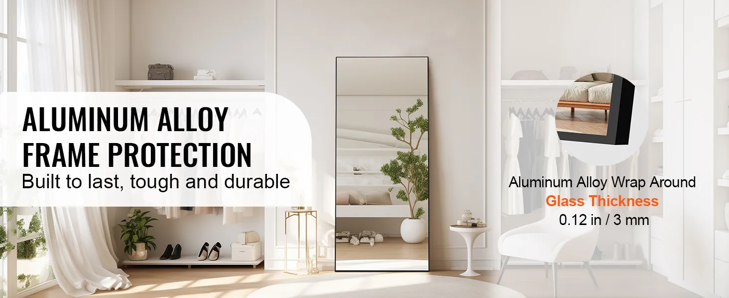 VEVOR full length mirror with aluminum alloy frame in modern light-filled room, highlighting durability.