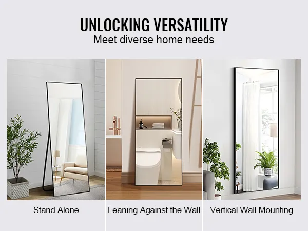 VEVOR full length mirror showcasing versatility: stand alone, leaning, and vertical wall mounting options.