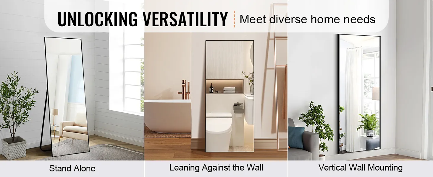 VEVOR full length mirror showcasing versatility: stand alone, leaning, and vertical wall mounting options.