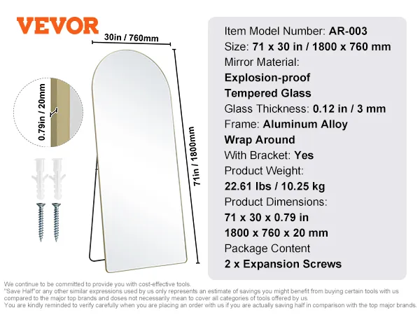 VEVOR full length mirror ar-003, explosion-proof glass, aluminum frame, size 71"x30", includes bracket.