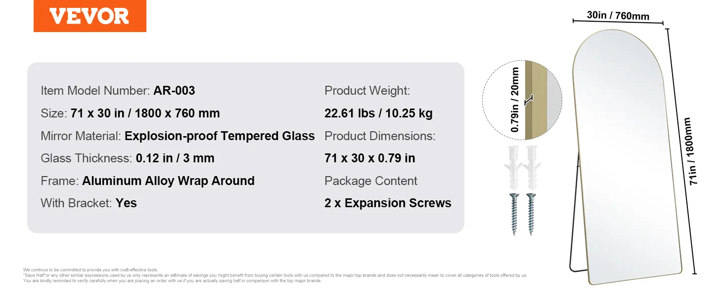 VEVOR full length mirror ar-003, explosion-proof glass, aluminum frame, size 71"x30", includes bracket.