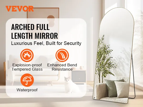 VEVOR full length mirror with arched design, explosion-proof glass, enhanced bend resistance, and waterproof features.