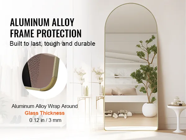 VEVOR full length mirror with aluminum alloy frame. thick glass, minimalist room decor, and potted plant.
