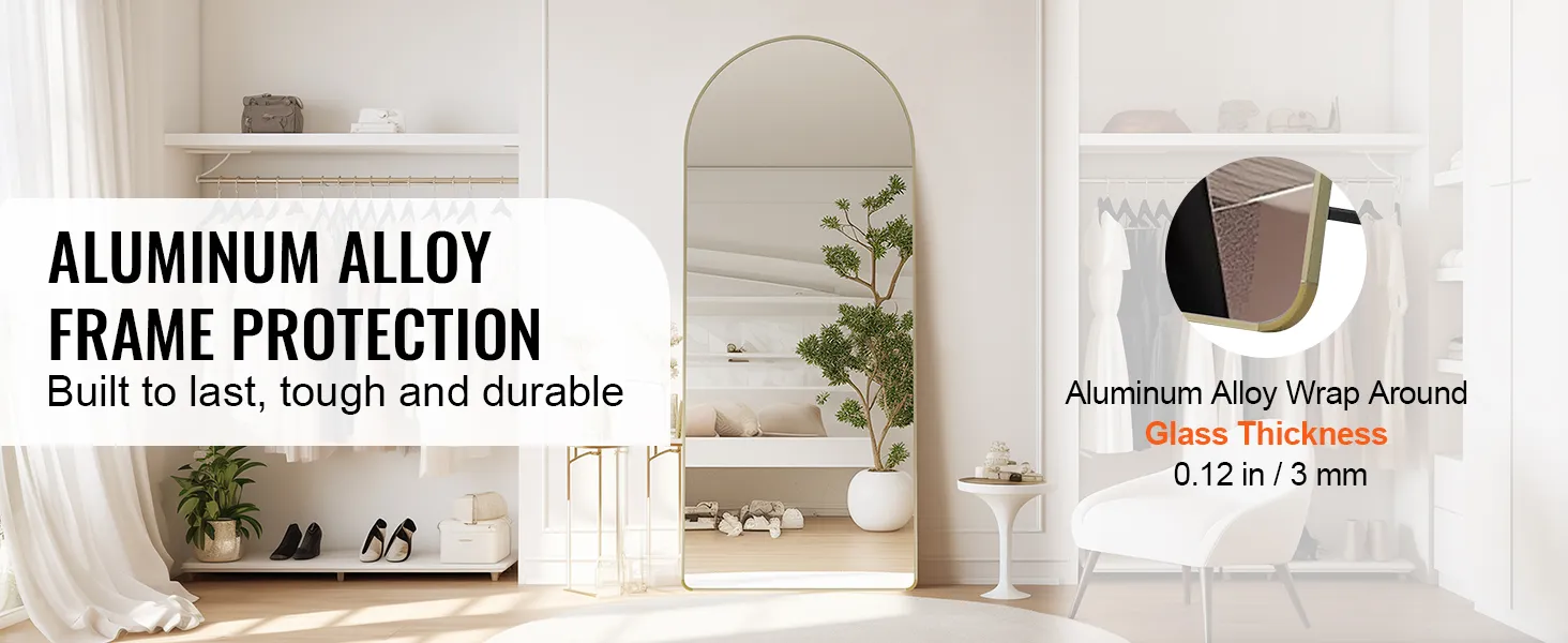 VEVOR full length mirror with aluminum alloy frame. thick glass, minimalist room decor, and potted plant.