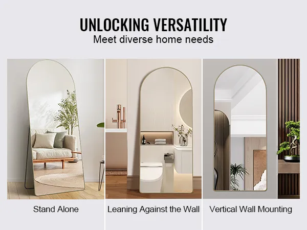 VEVOR full length mirror demonstrating standalone, leaning, and vertical wall mounting options.